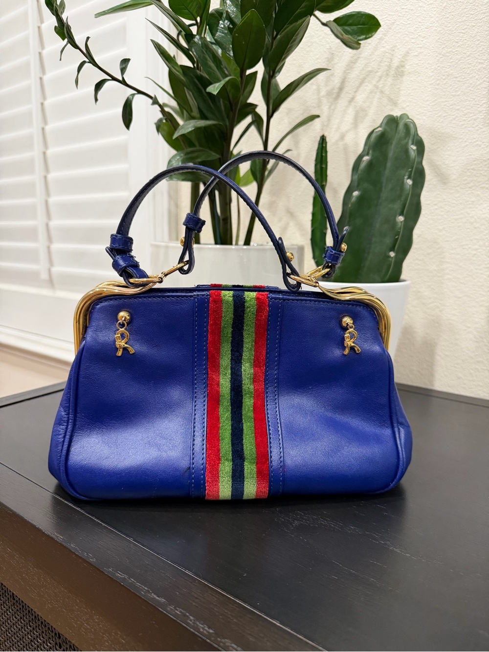Roberta di Camerino Cobalt Blue Mini Bag with Red and Green Stripe